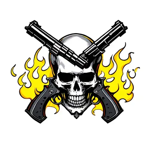 skull with guns yellow flames tattoo design idea
