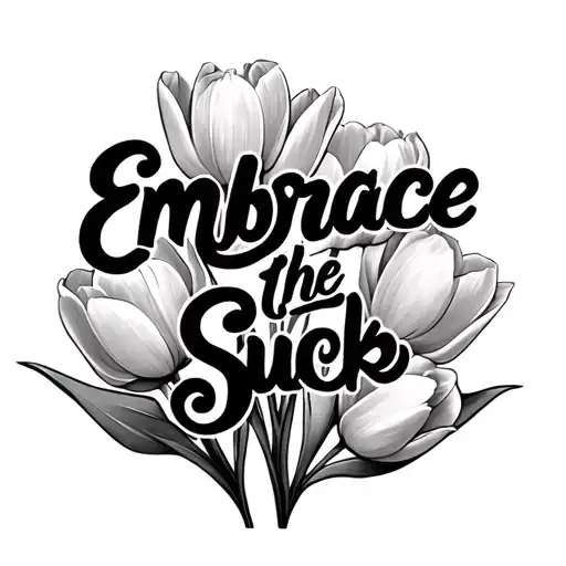 I want the phrase "Embrace the Suck" in bold-cursive with tulips surrounding the phrase. tattoo design idea