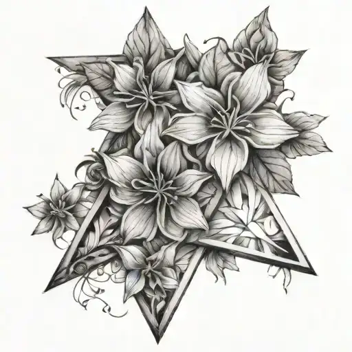 sketched flowers in upside down triangle shape. maybe with a wren or other bird. lighter lines- realism sketch tattoo design idea