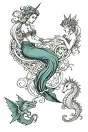 Mermaid, Unicorn, Pixie and Dragon wrapped tattoo design idea