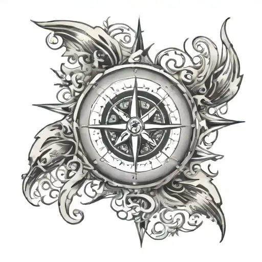 A black and grey compass rose with intricate ocean waves and lagoon elements tattoo design idea