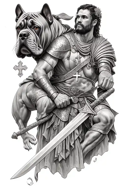 Roman soldier holding a sword and has a cross around his neck with a cane corso at his side  tattoo design idea