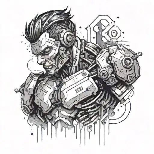 A futuristic cyborg incorporating elements of bodybuilding equipment tattoo design idea