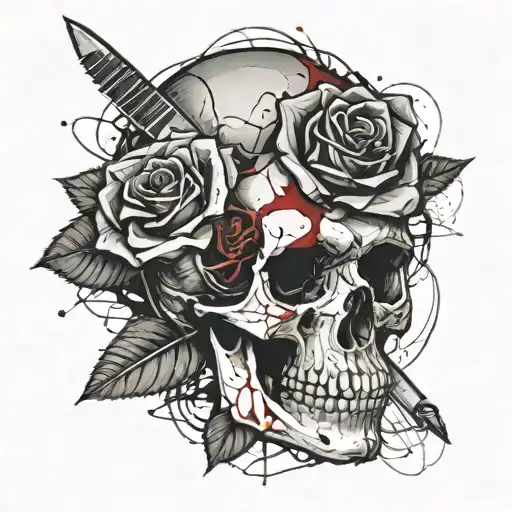 A cracked skull whit a knife in the middle with a rose around it and the rose came out from the right eye socket. tattoo design idea