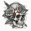 A cracked skull whit a knife in the middle with a rose around it and the rose came out from the right eye socket. tattoo design idea