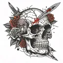 A cracked skull whit a knife in the middle with a rose around it and the rose came out from the right eye socket. tattoo design idea