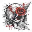 A cracked skull whit a knife in the middle with a rose around it and the rose came out from the right eye socket. tattoo design idea
