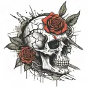 A cracked skull whit a knife in the middle with a rose around it and the rose came out from the right eye socket. tattoo design idea