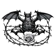 upside down bat, wrapped in barbed wire with roses tattoo design idea