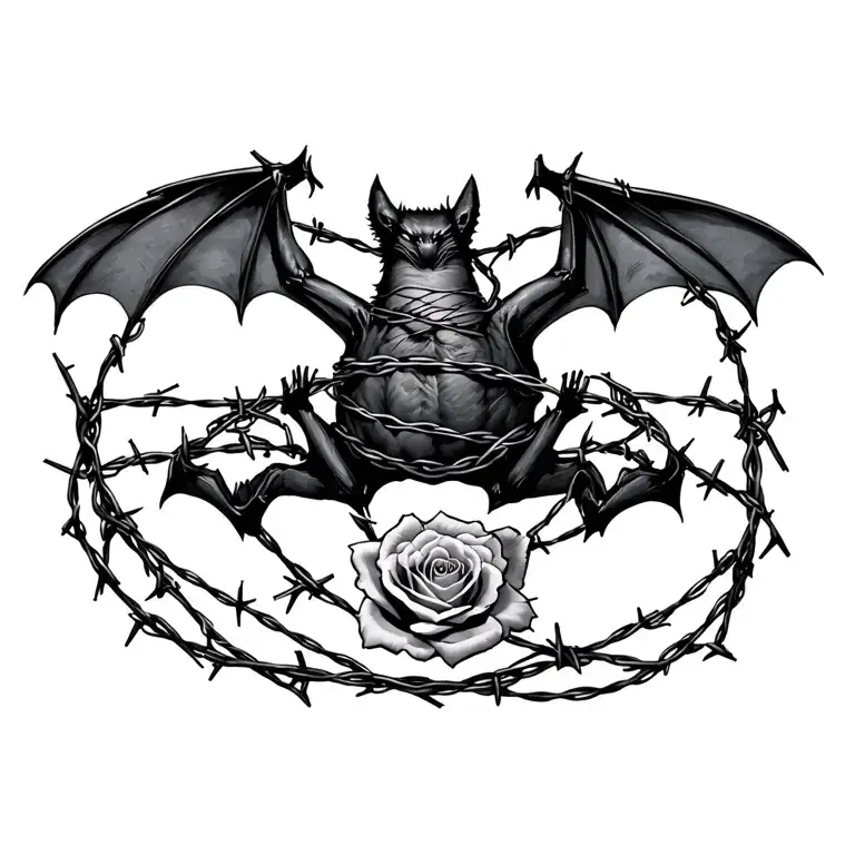upside down bat, wrapped in barbed wire with roses tattoo design idea