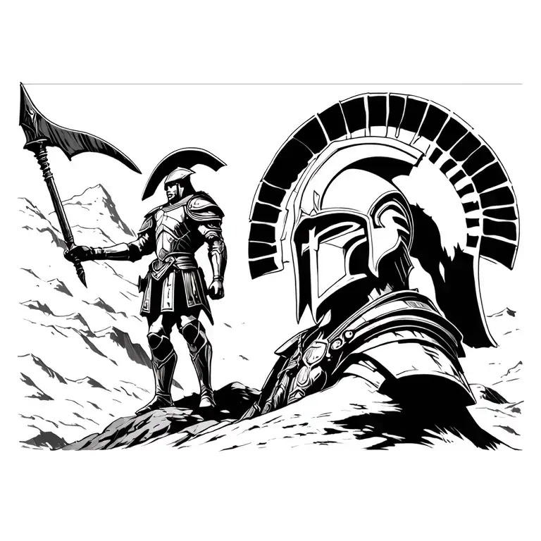 A soldier clad in spartan armor in a dark setting on hill tattoo design idea