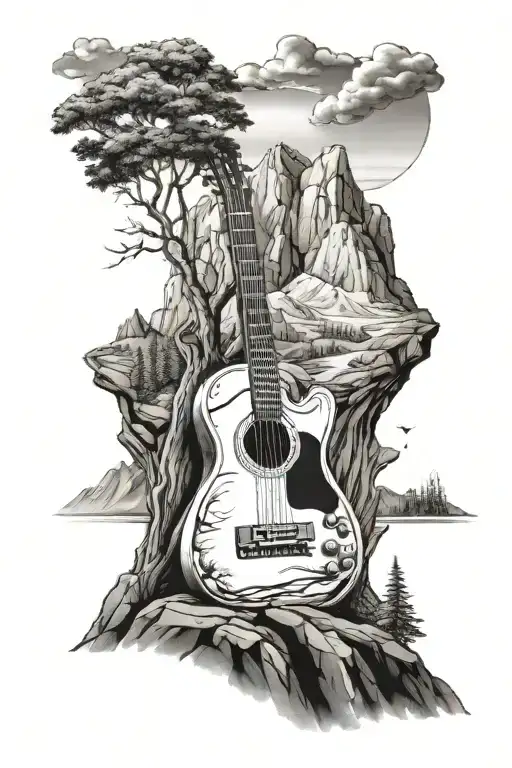 trees with mountains in the background, with a guitar leaning up against a rock  tattoo design idea