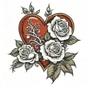 anatomically correct red heart with white roses coming out of it tattoo design idea