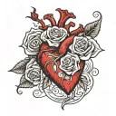 anatomically correct red heart with white roses coming out of it tattoo design idea