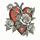 anatomically correct red heart with white roses coming out of it tattoo design idea