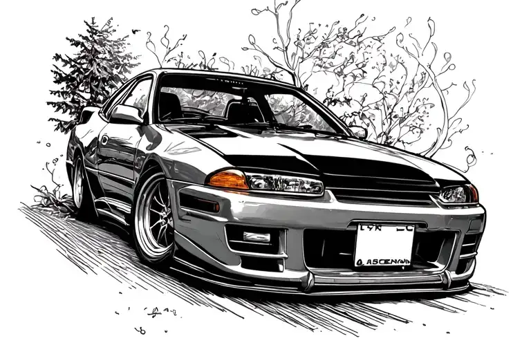 240sx with freehand lines coming from behind it tattoo design idea