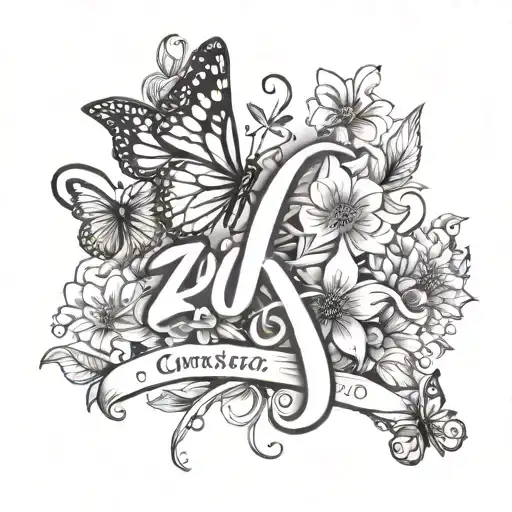 name Zuriya in cursive, narcissa flower, butterfly tattoo design idea