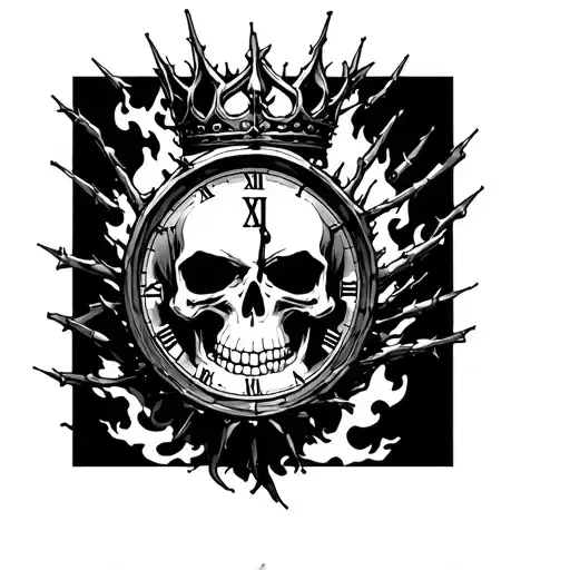 skull and crown of thorns with clock surrounded by clouds and fire tattoo design idea