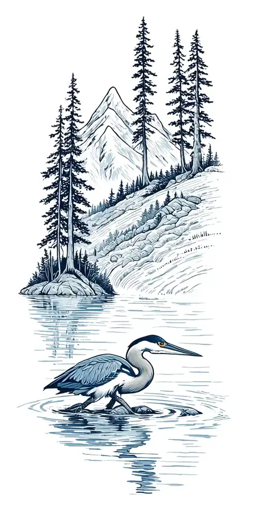 mountian,running water, cypress trees,great blue heron tattoo design idea