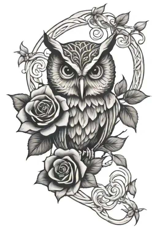 owl ,cross and rose tattoo design idea