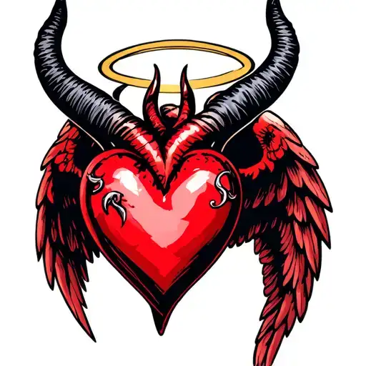 A heart with devil horns,devil tail, angel wings and a halo tattoo design idea