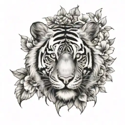 tiger head covered by flowers tattoo design idea