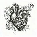 A mechanical heart with musical notes flowing out of it tattoo design idea