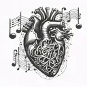 A mechanical heart with musical notes flowing out of it tattoo design idea