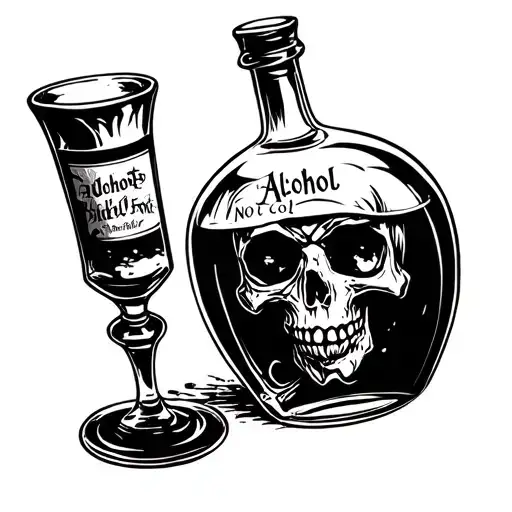 Ancient style bottle with liquid inside with label skull with alcohol lettering is not cool tattoo design idea