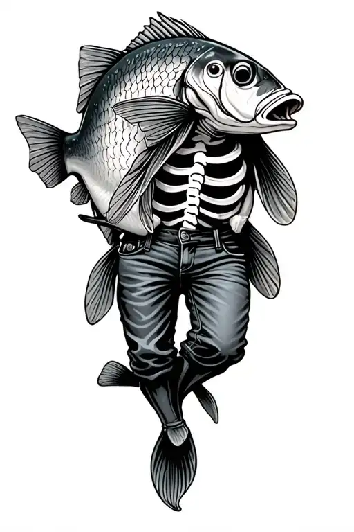 skeleton bass fish wearing pants fishing for other fish tattoo design idea