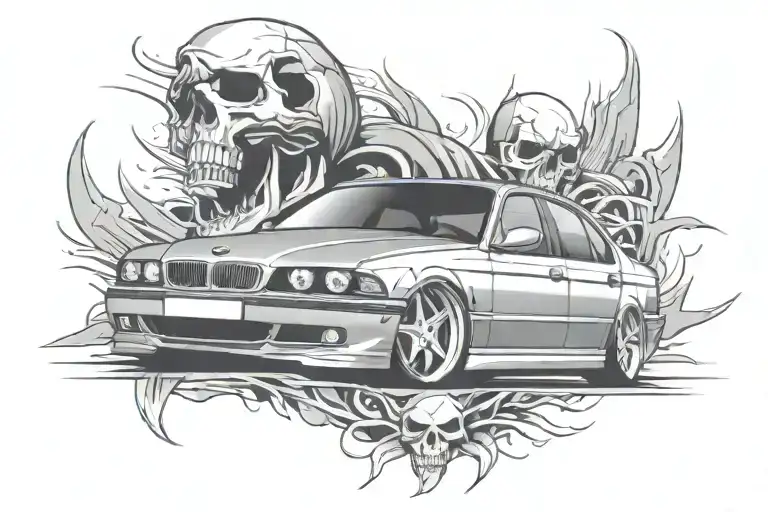 lowered bmw e39 with a skull tattoo design idea