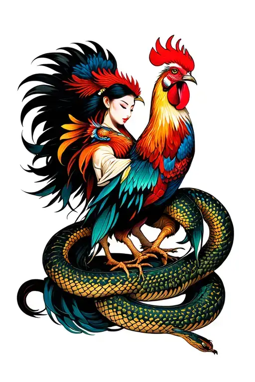 Japanese woman and rooster fighting snake intertwined tattoo design idea