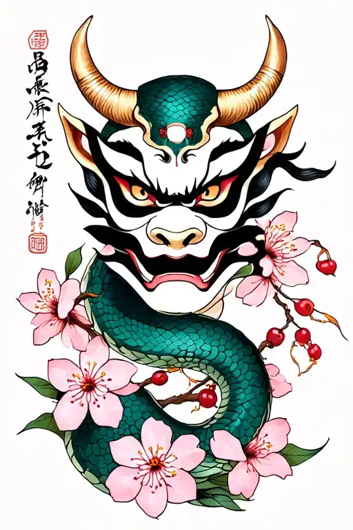 oni mask with a snake interwined with cherry blossoms tattoo design idea