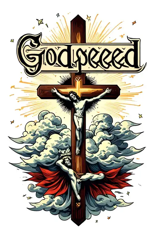 "Godspeed " clouds surrounding with crosses jesus cross tattoo design idea