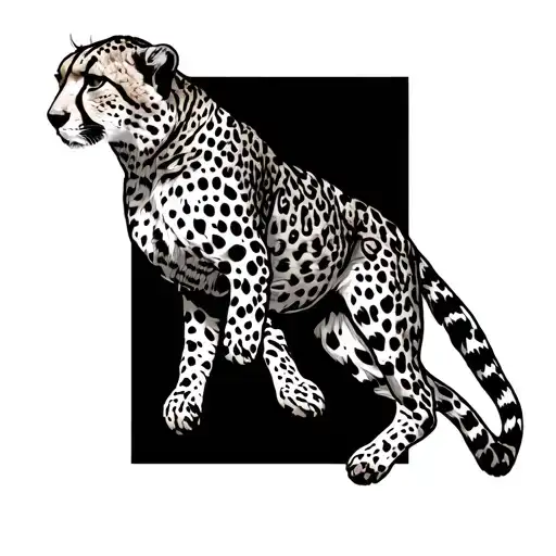 A cheetah gracefully leaping through a forest, with intricate dotwork detailing tattoo design idea