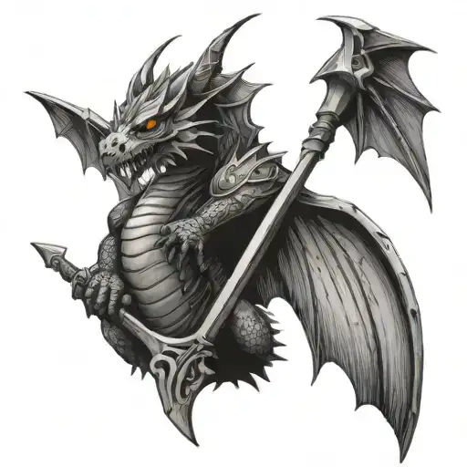 a dragon with bat wings holding halberd vertically  tattoo design idea