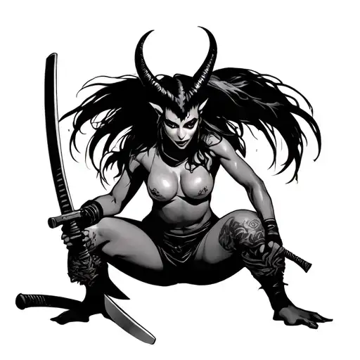 she-devil squatting with a katana tattoo design idea