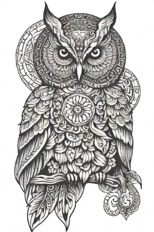 owl, mandala, moon, sun tattoo design idea