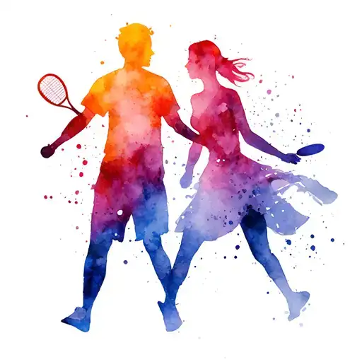 Married couple playing padel tennis background splashes tattoo design idea