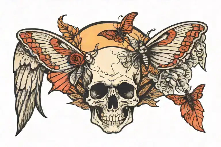 skull and moth with moon tattoo design idea