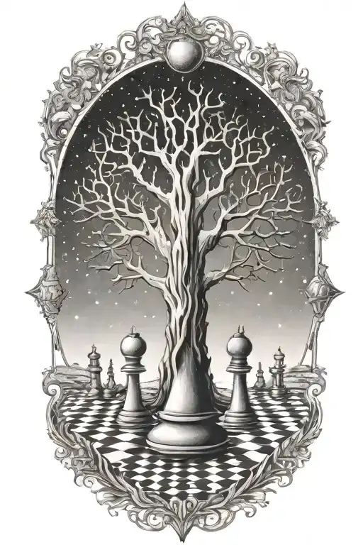 A mystical tree growing chess pieces under a starlit sky in dotwork style tattoo design idea