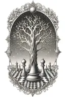 A mystical tree growing chess pieces under a starlit sky in dotwork style tattoo design idea