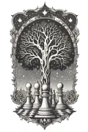 A mystical tree growing chess pieces under a starlit sky in dotwork style tattoo design idea