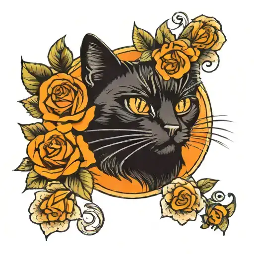 roses, orange and black cat wearing tattoo design idea