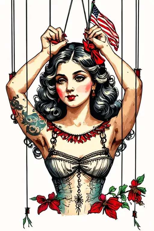 female marionette cutting her own strings to show independence.  tattoo design idea