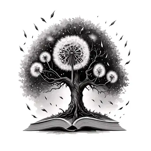 willow tree with dandelion seeds drifting away transforming into books  tattoo design idea