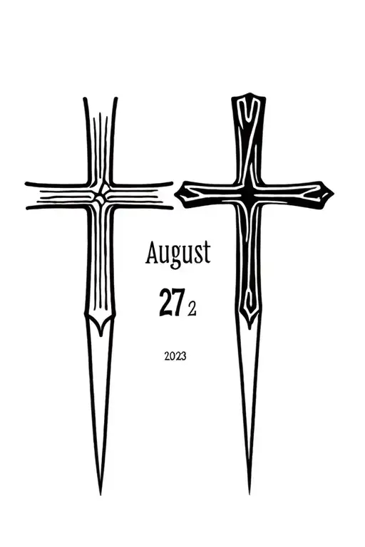 three nails cross with the date august 27, 2023 in roman numerals tattoo design idea