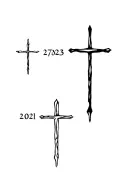 three nails cross with the date august 27, 2023 in roman numerals tattoo design idea
