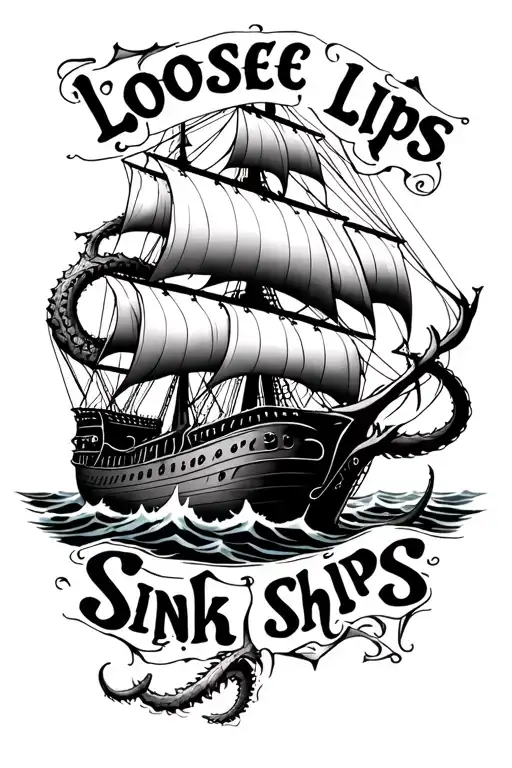 "Loose lips sink ships" kraken attacking pirate ship tattoo design idea