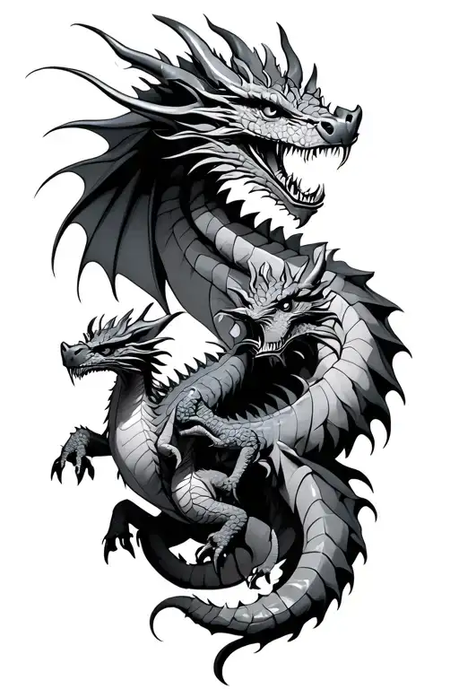 a father dragon with 2 smaller childer dragons tattoo design idea